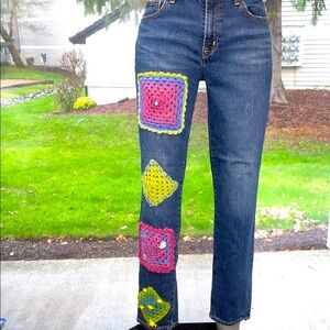 Women’s/Girl’s UPCYCLED HAND CRAFTED GRANNY SQUARES GIRLFRIEND GAP Jeans Sz 28/6